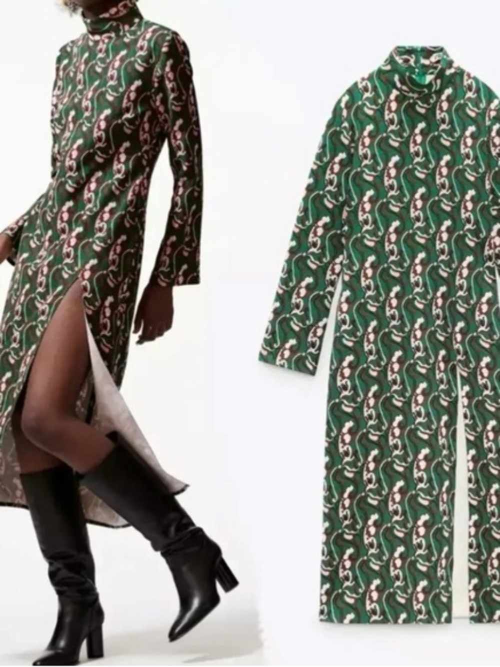 Zara Green Patterned Long-Sleeve Side-Slit Dress - Picture 2 of 8